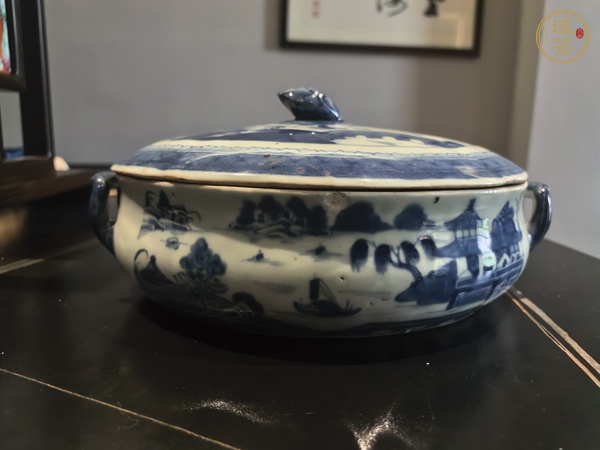 古玩陶瓷青花山水人物紋蓋鍋真品鑒賞圖