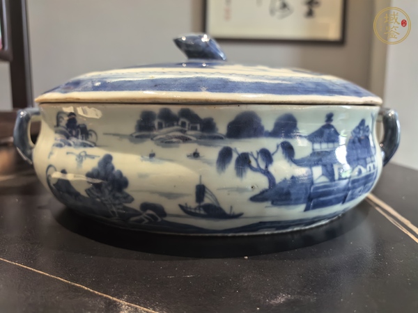 古玩陶瓷青花山水人物紋蓋鍋真品鑒賞圖
