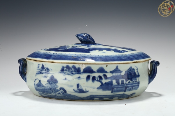 古玩陶瓷青花山水人物紋蓋鍋真品鑒賞圖