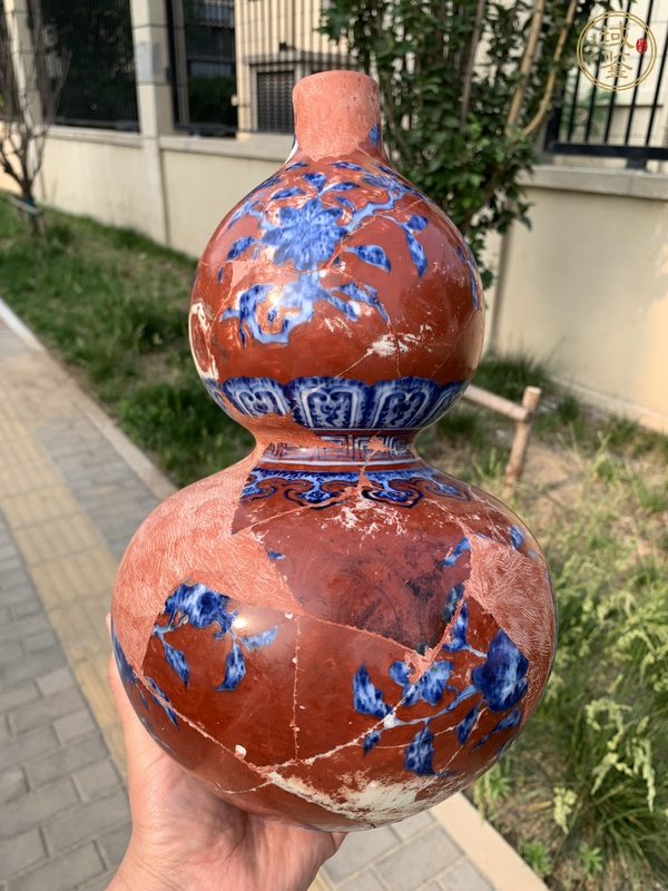 古玩陶瓷珊瑚紅地青花瑞果花卉紋葫蘆瓶真品鑒賞圖