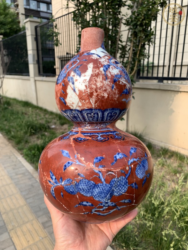 古玩陶瓷珊瑚紅地青花瑞果花卉紋葫蘆瓶真品鑒賞圖