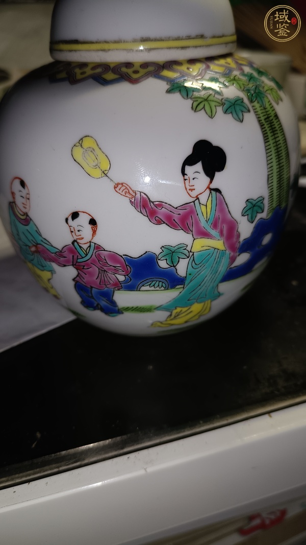 古玩陶瓷粉彩教子圖蓋罐真品鑒賞圖