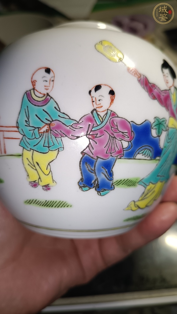 古玩陶瓷粉彩教子圖蓋罐真品鑒賞圖