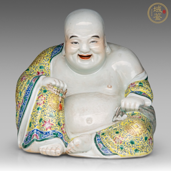 古玩陶瓷粉彩纏枝花卉紋彌勒笑佛真品鑒賞圖