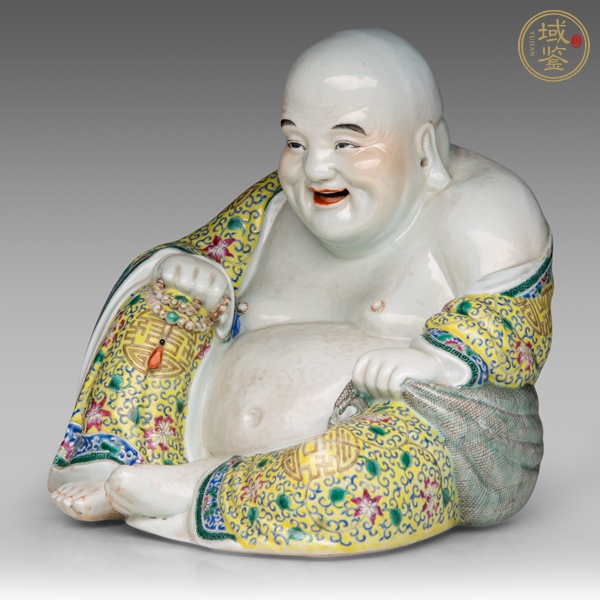 古玩陶瓷粉彩纏枝花卉紋彌勒笑佛真品鑒賞圖