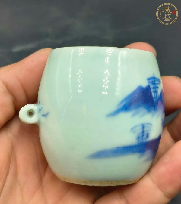 古玩陶瓷青花山水人物紋鳥食罐真品鑒賞圖
