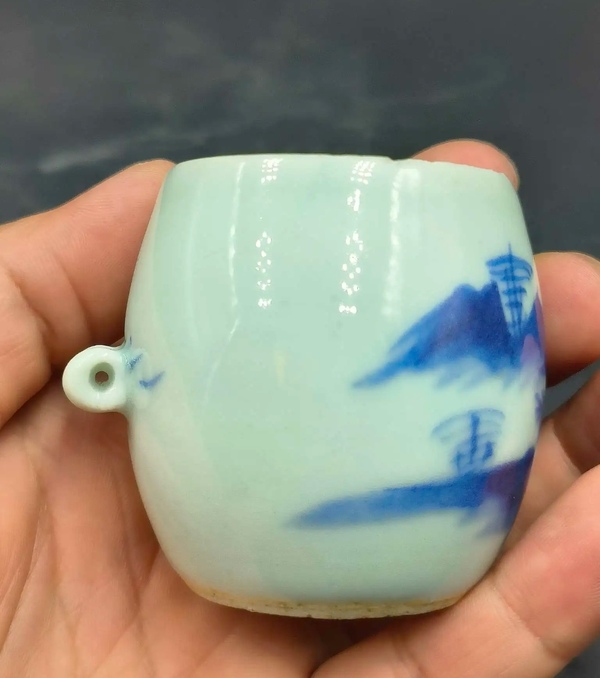 古玩陶瓷清晚期青花山水人物紋鳥食罐拍賣,當前價格866元
