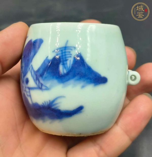 古玩陶瓷青花山水人物紋鳥食罐真品鑒賞圖