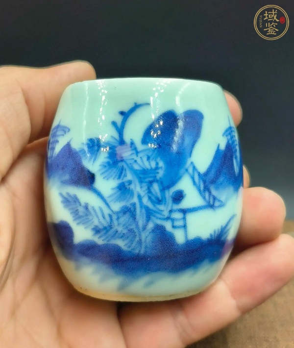 古玩陶瓷青花山水人物紋鳥食罐真品鑒賞圖