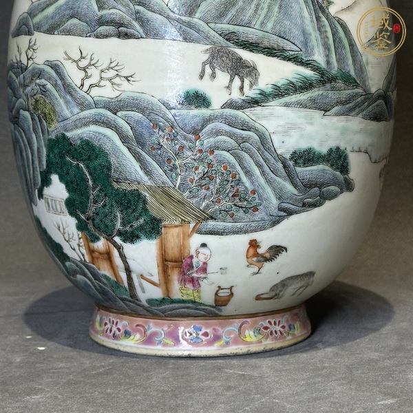 古玩陶瓷粉彩山水人物生肖圖雙耳瓶真品鑒賞圖