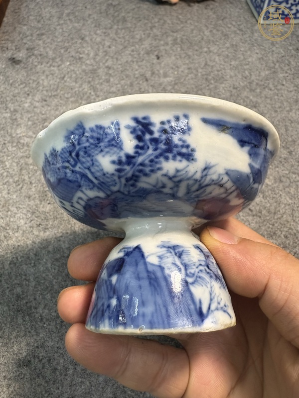 古玩陶瓷晚清青花高足小供碟真品鑒賞圖