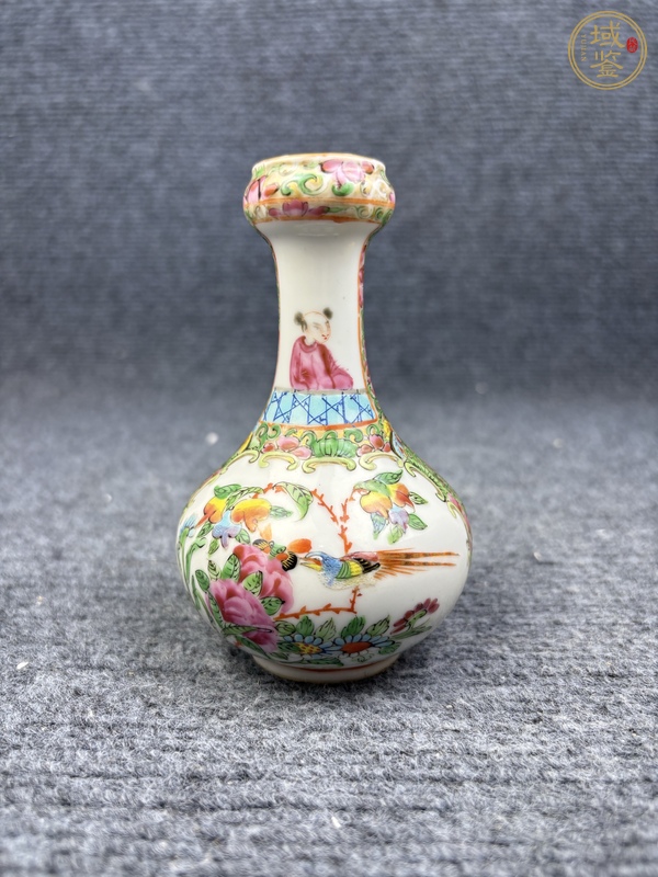 古玩陶瓷廣彩人物故事花鳥紋蒜頭瓶真品鑒賞圖