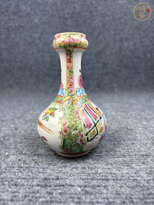 古玩陶瓷廣彩人物故事花鳥紋蒜頭瓶真品鑒賞圖