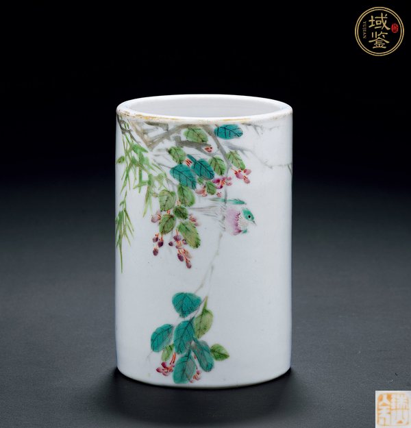 古玩晚清淺降彩花鳥筆筒真品鑒賞圖