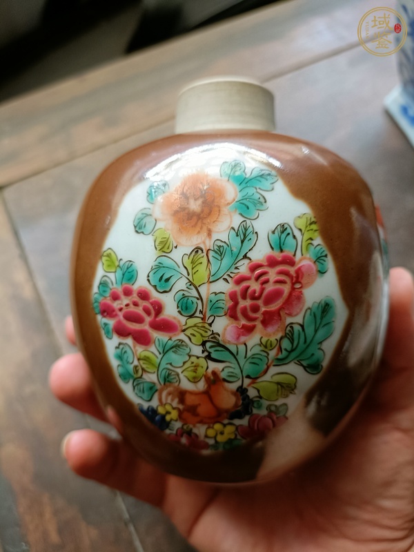 古玩陶瓷紫金釉開光粉彩罐真品鑒賞圖