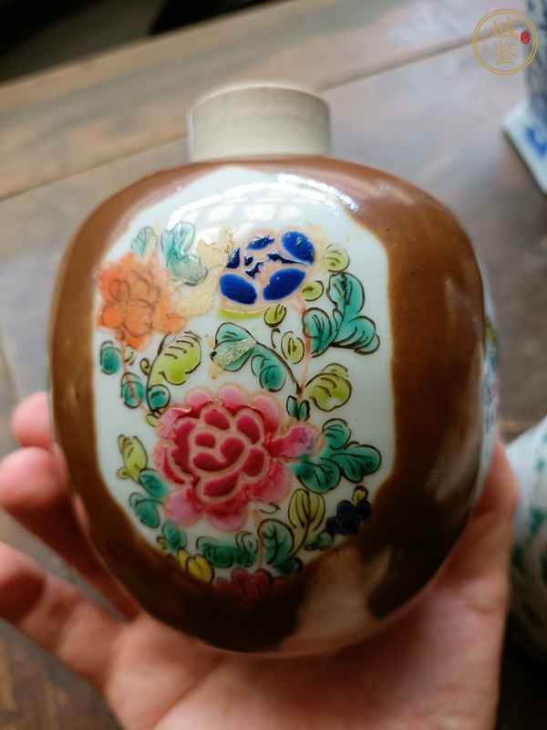 古玩陶瓷紫金釉開光粉彩罐真品鑒賞圖
