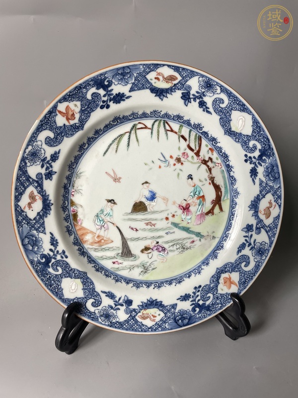 古玩陶瓷青花加彩漁家樂紋盤真品鑒賞圖