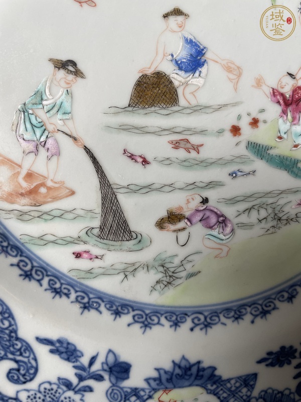 古玩陶瓷青花加彩漁家樂紋盤真品鑒賞圖