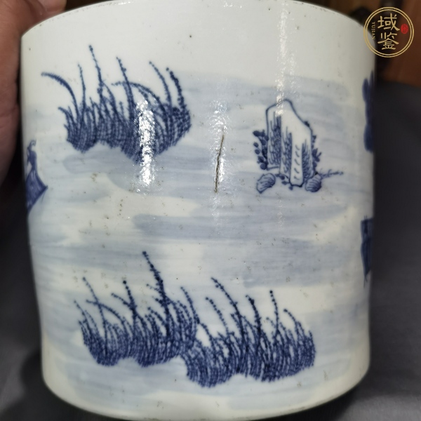 古玩陶瓷清代中期青花漁家樂筆筒真品鑒賞圖