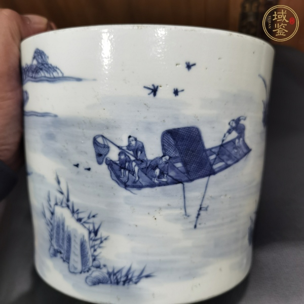 古玩陶瓷清代中期青花漁家樂筆筒真品鑒賞圖