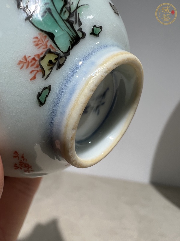 古玩陶瓷日本青花五彩魚藻洞石竹子雞紋杯真品鑒賞圖