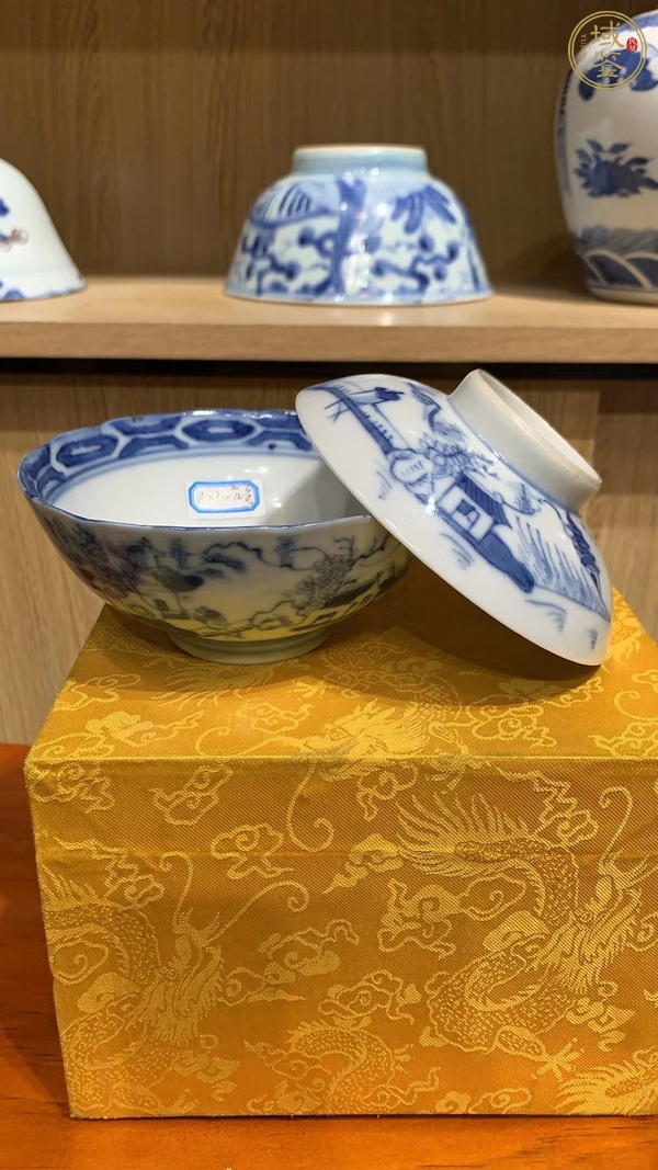 古玩陶瓷青花山水人物通景蓋碗真品鑒賞圖