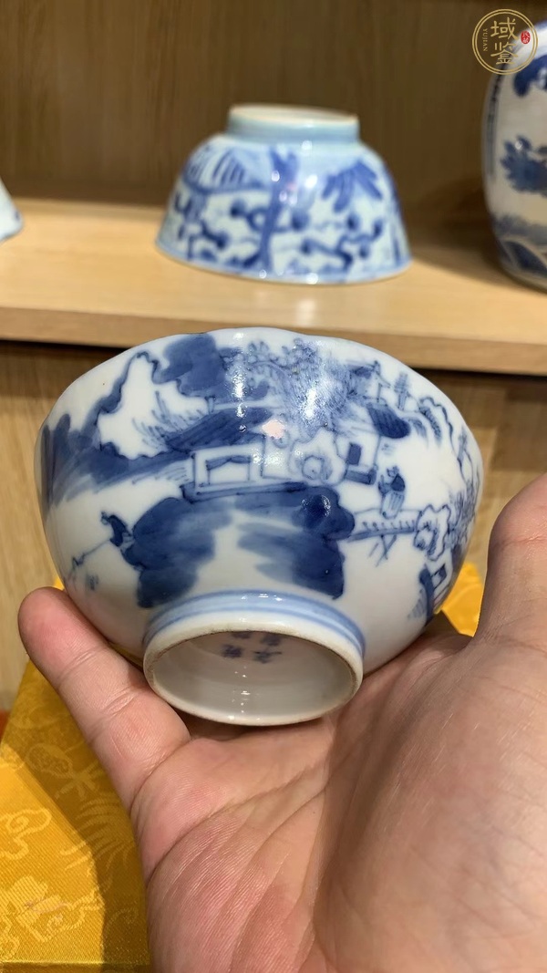 古玩陶瓷青花山水人物通景蓋碗真品鑒賞圖