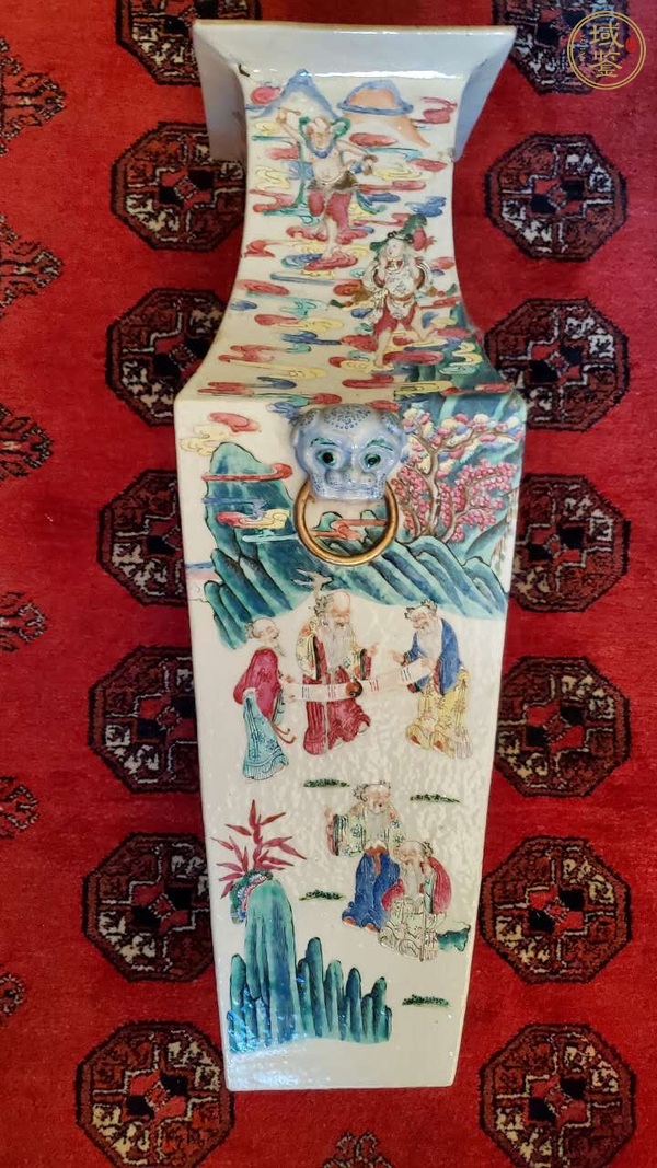 古玩陶瓷粉彩群仙圖四方瓶真品鑒賞圖