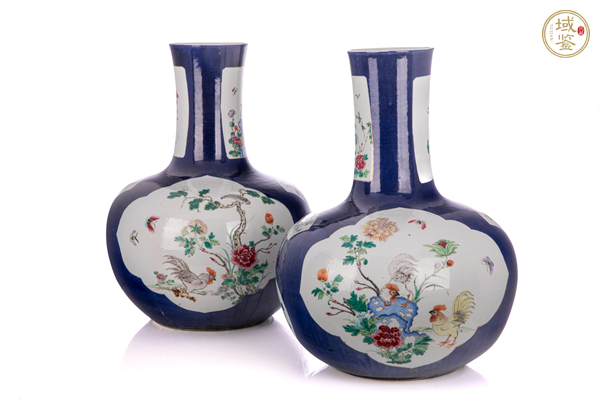 古玩陶瓷灑藍(lán)開光五彩花鳥紋天球瓶真品鑒賞圖