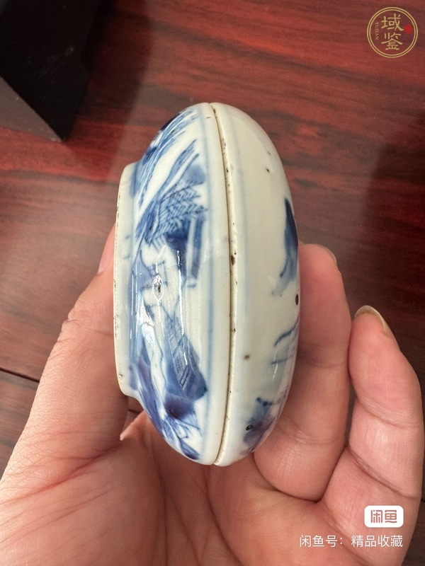 古玩陶瓷樵漁耕讀山水紋青花印泥盒真品鑒賞圖