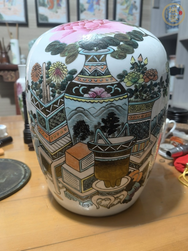 古玩陶瓷民國(guó)淺降彩博古圖冬瓜罐真品鑒賞圖