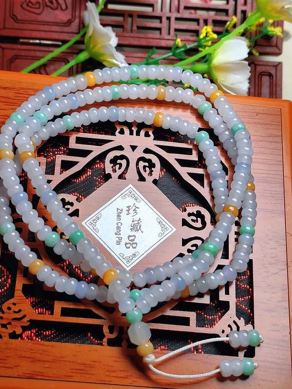 古玩轉賣天然翡翠珠串可做項鏈或者手串(帶鑒定證書)拍賣，當前價格550元