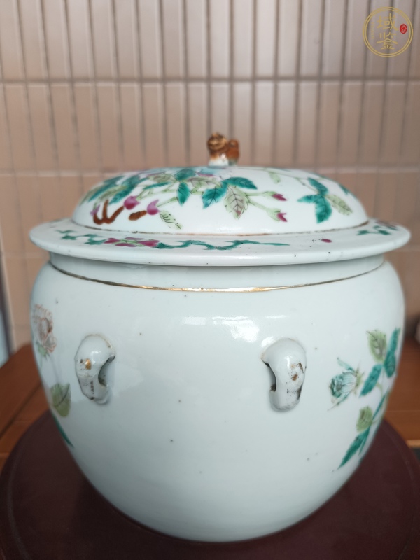 古玩陶瓷粉彩花卉紋四系粥罐真品鑒賞圖