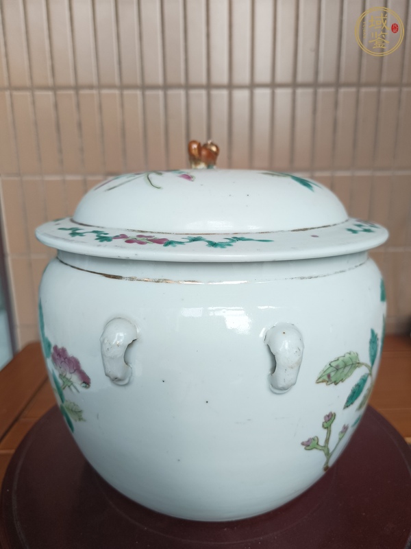 古玩陶瓷粉彩花卉紋四系粥罐真品鑒賞圖