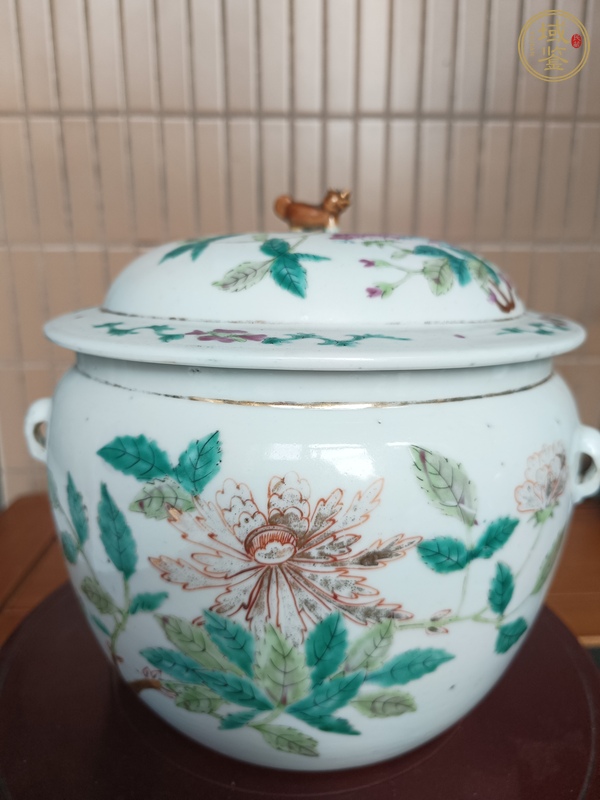古玩陶瓷粉彩花卉紋四系粥罐真品鑒賞圖