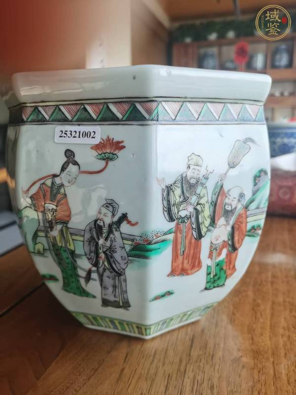 古玩陶瓷五彩人物故事六方卷缸真品鑒賞圖