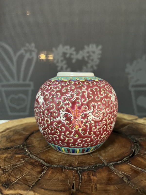 古玩陶瓷胭脂紅粉彩花卉紋罐拍賣，當(dāng)前價(jià)格588元