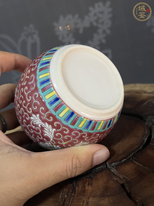 古玩陶瓷胭脂紅粉彩花卉紋罐真品鑒賞圖