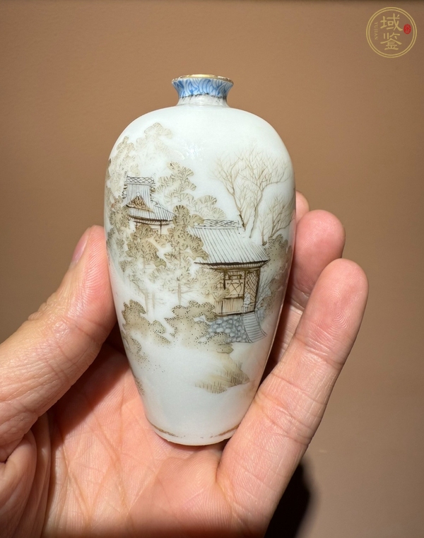 古玩陶瓷墨彩礬紅山水人物梅瓶真品鑒賞圖