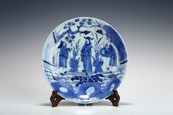 古玩轉(zhuǎn)賣雍正·青花三星神仙人物紋盤拍賣，當(dāng)前價(jià)格4000元