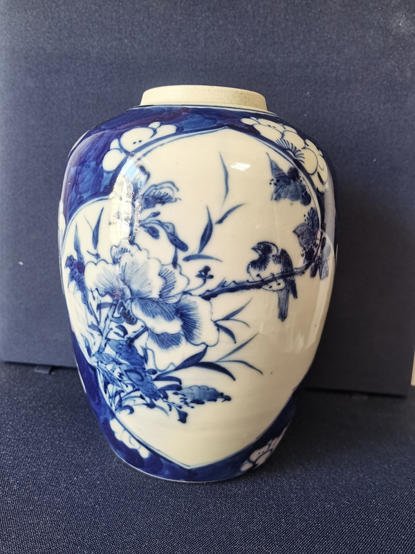 古玩轉(zhuǎn)賣青花留白梅紋開光花鳥紋罐拍賣,當(dāng)前價格588元