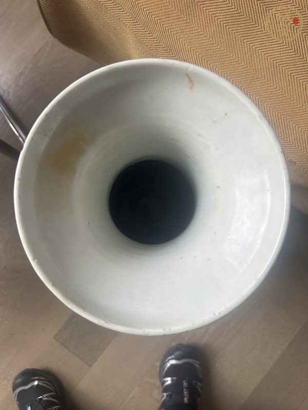 古玩陶瓷豆青釉青花獅紋盤口瓶真品鑒賞圖