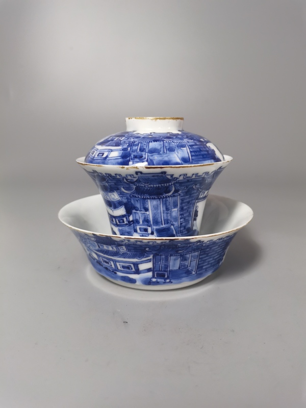 古玩陶瓷【精品】民國青花江西十景三才蓋杯拍賣，當前價格500元