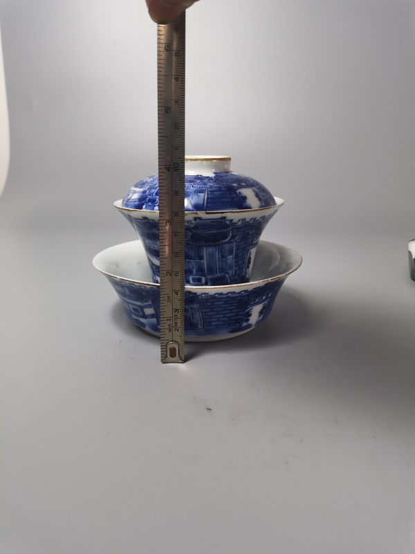 古玩陶瓷【精品】民國青花江西十景三才蓋杯拍賣，當前價格500元