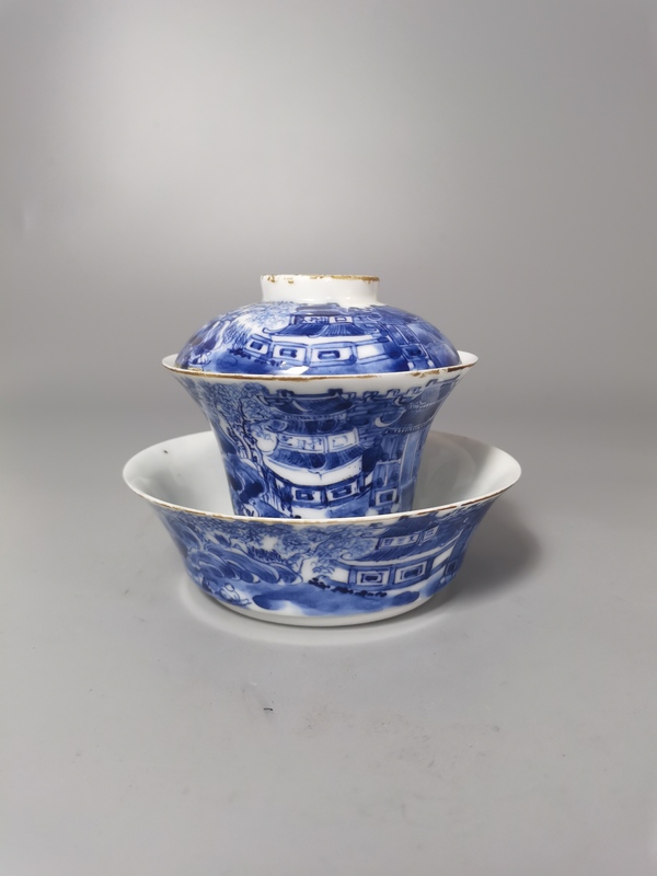 古玩陶瓷【精品】民國青花江西十景三才蓋杯拍賣，當前價格500元