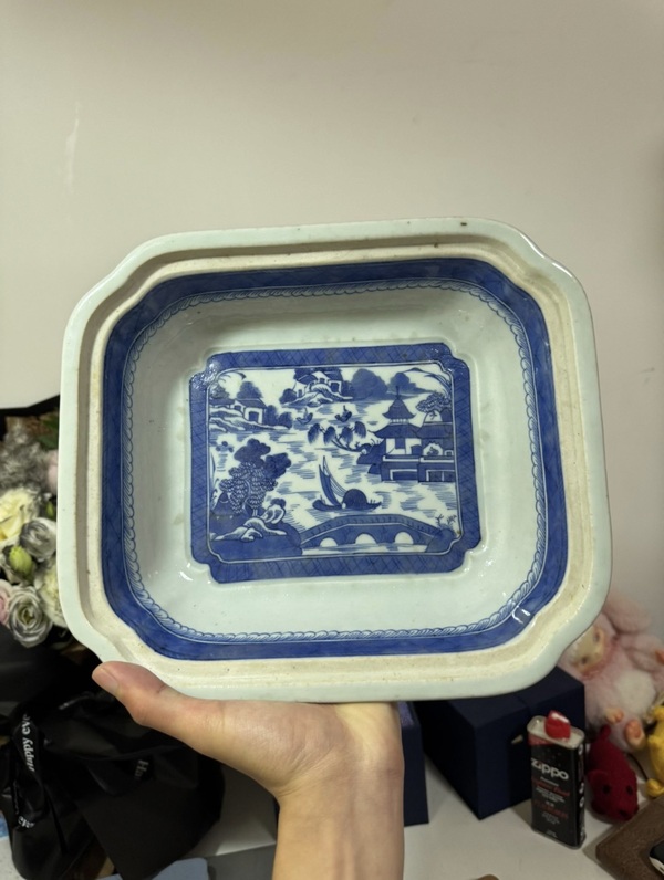 古玩陶瓷清乾隆青花山水人物紋盤拍賣，當前價格1588元