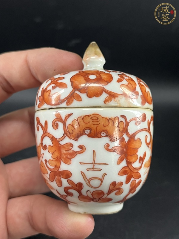 古玩陶瓷礬紅福壽紋蓋罐真品鑒賞圖