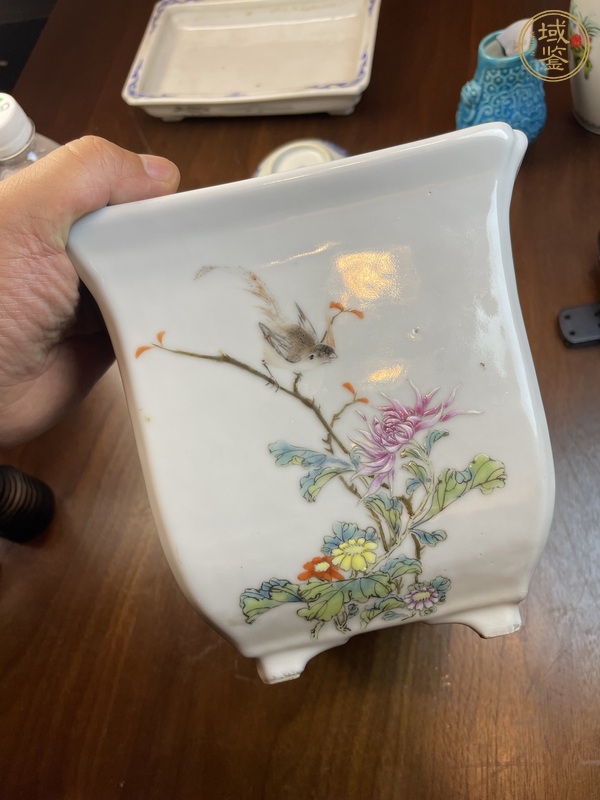 古玩陶瓷粉彩山水花鳥(niǎo)四方花盆真品鑒賞圖