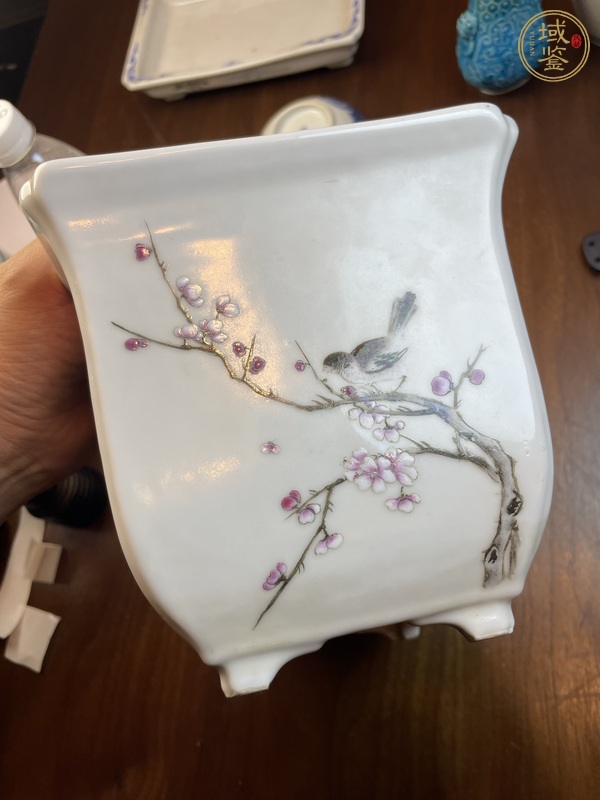 古玩陶瓷粉彩山水花鳥(niǎo)四方花盆真品鑒賞圖