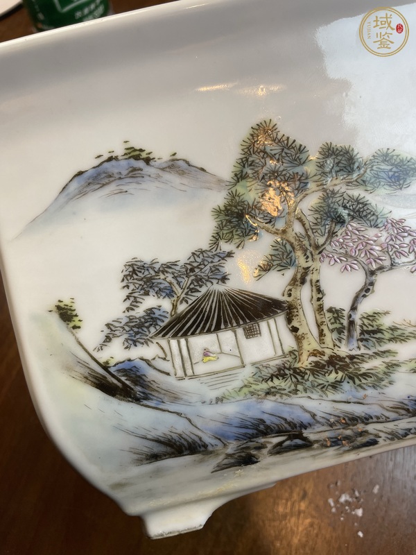 古玩陶瓷粉彩山水花鳥(niǎo)四方花盆真品鑒賞圖